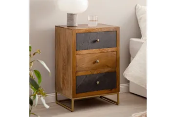 Sängbord Wohnling gjord av massivt trä för boxspringbädd med 3 lådor, skifferlook, i lantlig stil Brun, Svart - Brun, Svart - Möbler - Sovrum - Sängbord