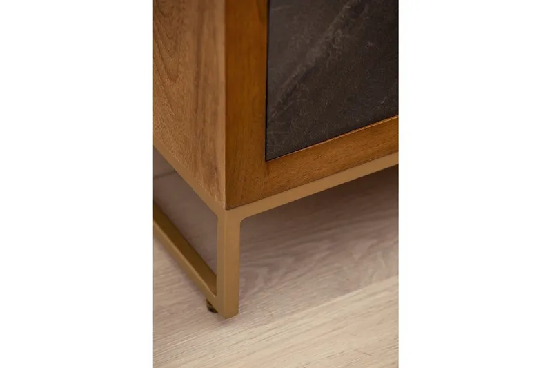 Sängbord Wohnling gjord av massivt trä för boxspringbädd med 3 lådor, skifferlook, i lantlig stil Brun, Svart - Brun, Svart - Möbler - Sovrum - Sängbord
