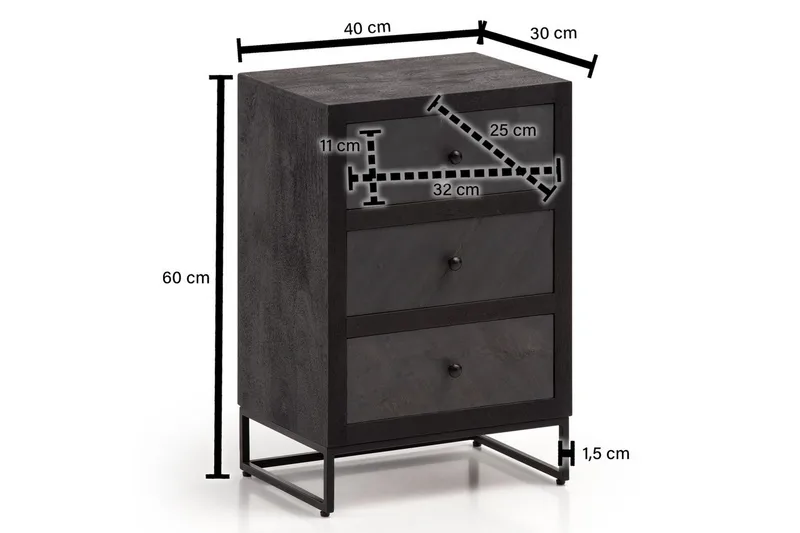 Sängbord Wohnling gjord av massivt trä för boxspringbädd med 3 lådor, skifferlook, i lantlig stil Svart - Svart - Möbler - Sovrum - Sängbord