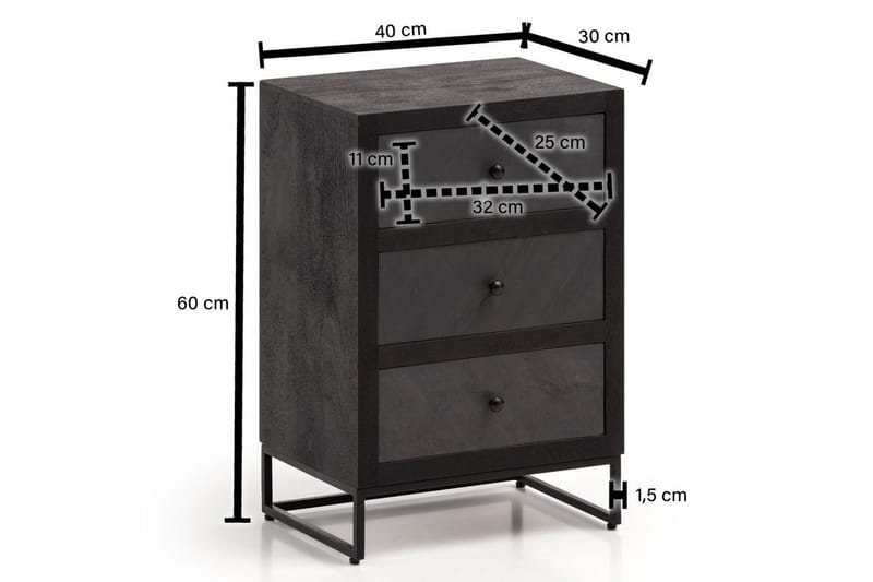Sängbord Wohnling gjord av massivt trä för boxspringbädd med 3 lådor, skifferlook, i lantlig stil Svart - Svart - Möbler - Sovrum - Sängbord
