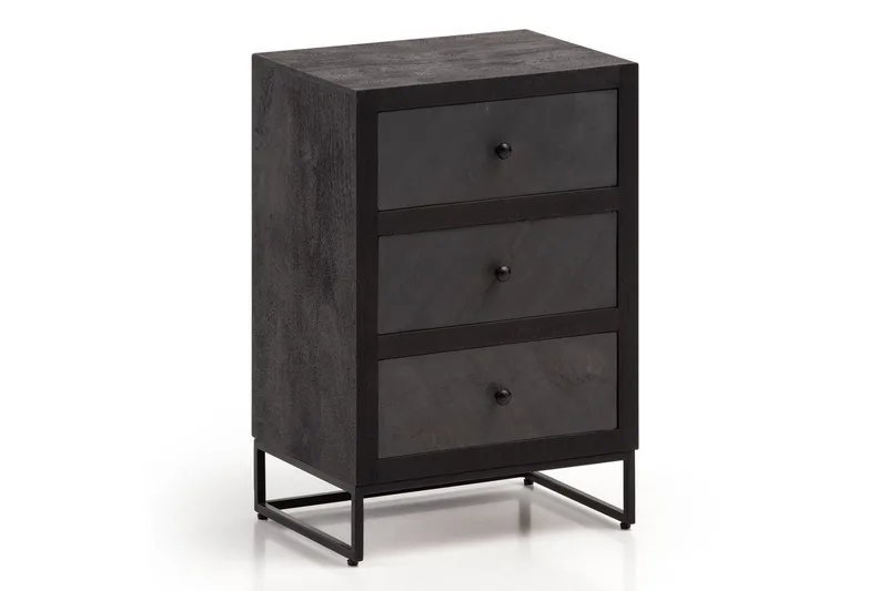 Sängbord Wohnling gjord av massivt trä för boxspringbädd med 3 lådor, skifferlook, i lantlig stil Svart, Svart