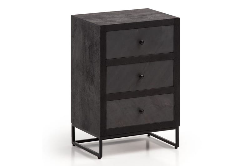 Sängbord Wohnling gjord av massivt trä för boxspringbädd med 3 lådor, skifferlook, i lantlig stil Svart, Svart