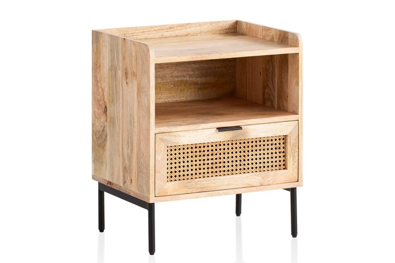 Sängbord Wohnling Massivt Mangoträ med 1 Låda En Förvaringsbricka med Wienerflätning
