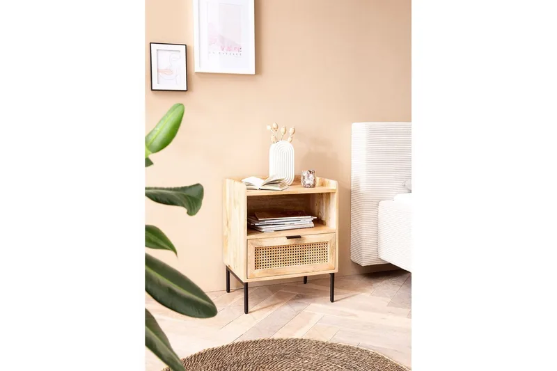 Sängbord Wohnling Massivt Mangoträ med 1 Låda En Förvaringsbricka med Wienerflätning - Möbler - Sovrum - Sängbord
