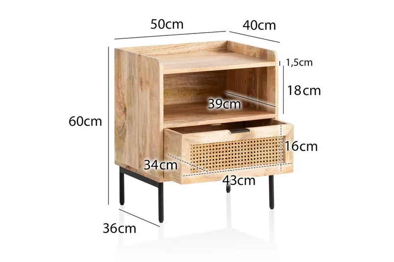 Sängbord Wohnling Massivt Mangoträ med 1 Låda En Förvaringsbricka med Wienerflätning - Möbler - Sovrum - Sängbord