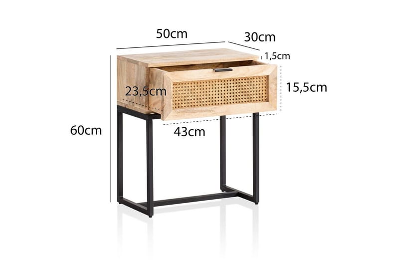 Sängbord Wohnling Massivt Mangoträ med 1 Låda med Wienerflätning I En Industriell Stil - Möbler - Sovrum - Sängbord