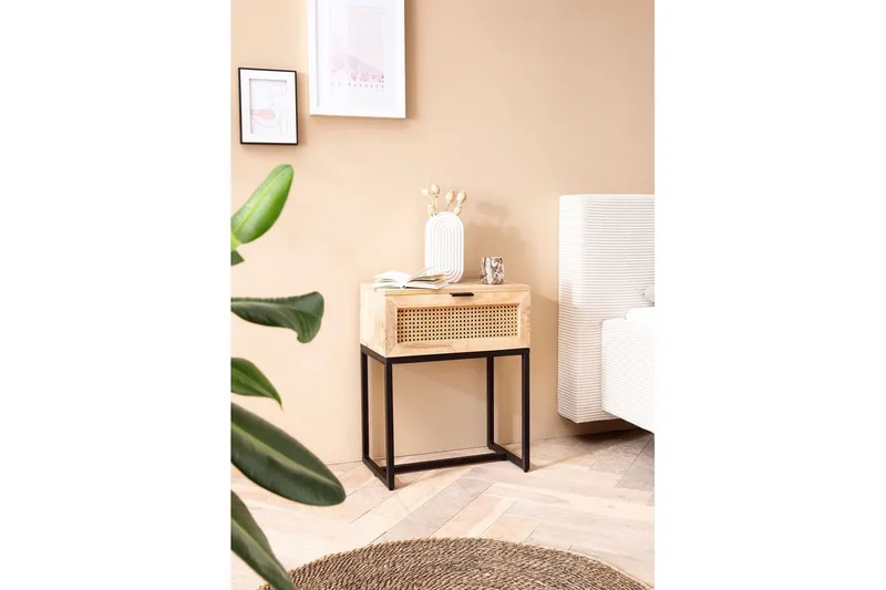 Sängbord Wohnling Massivt Mangoträ med 1 Låda med Wienerflätning I En Industriell Stil - Möbler - Sovrum - Sängbord