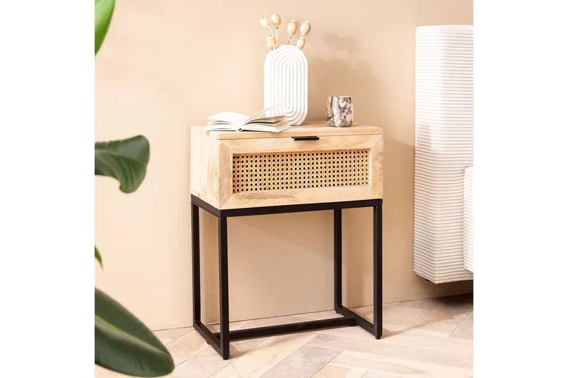 Sängbord Wohnling Massivt Mangoträ med 1 Låda med Wienerflätning I En Industriell Stil - Möbler - Sovrum - Sängbord