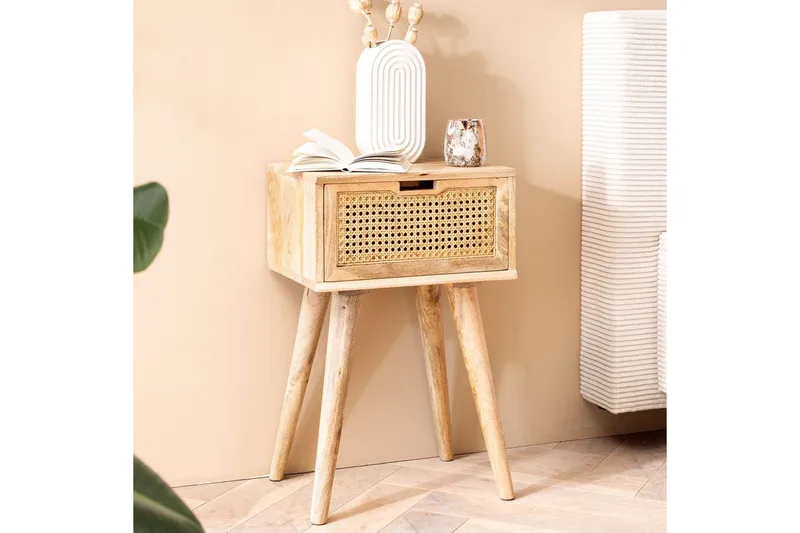 Sängbord Wohnling Massivt mangoträ med 1 låda med wienerflätverk i modern stil Ljusbrun - Ljusbrun - Möbler - Sovrum - Sängbord