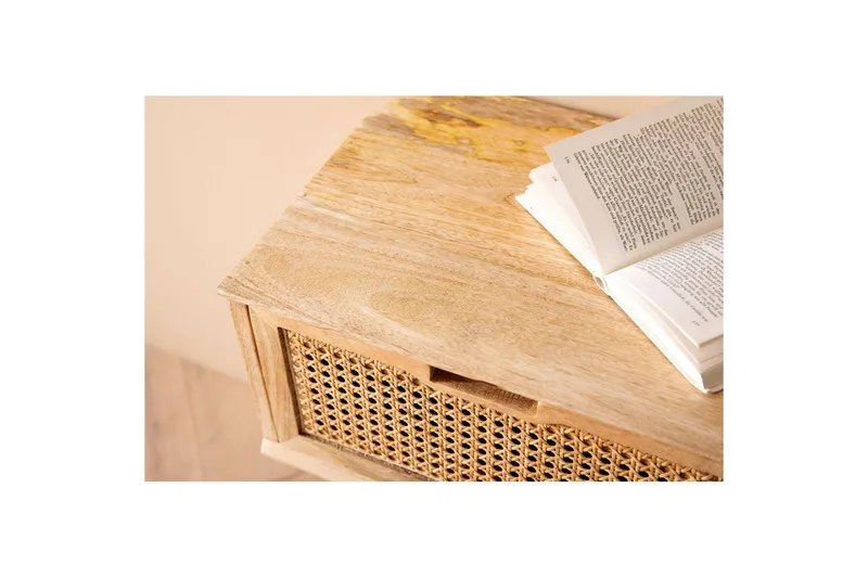 Sängbord Wohnling Massivt mangoträ med 1 låda med wienerflätverk i modern stil Ljusbrun - Ljusbrun - Möbler - Sovrum - Sängbord