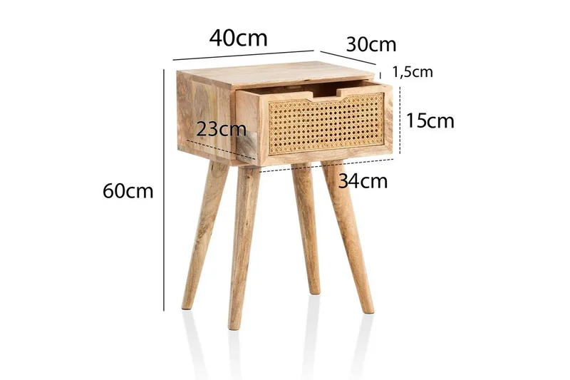 Sängbord Wohnling Massivt mangoträ med 1 låda med wienerflätverk i modern stil Ljusbrun - Ljusbrun - Möbler - Sovrum - Sängbord