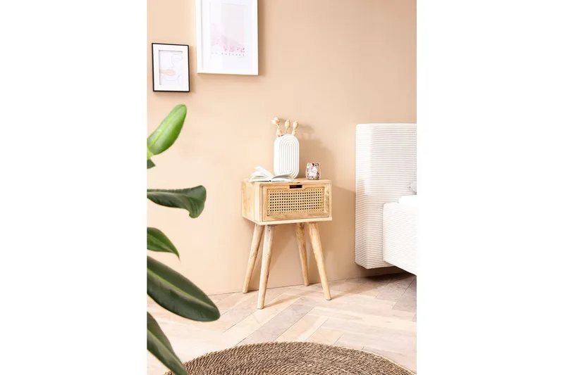 Sängbord Wohnling Massivt mangoträ med 1 låda med wienerflätverk i modern stil Ljusbrun - Ljusbrun - Möbler - Sovrum - Sängbord