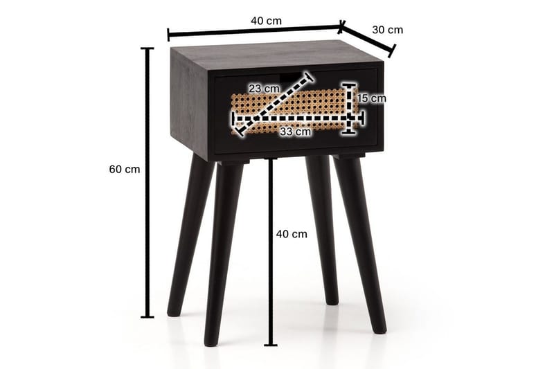 Sängbord Wohnling Massivt mangoträ med 1 låda med wienerflätverk i modern stil Svart - Svart - Möbler - Sovrum - Sängbord