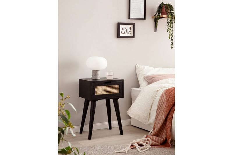 Sängbord Wohnling Massivt mangoträ med 1 låda med wienerflätverk i modern stil Svart - Svart - Möbler - Sovrum - Sängbord