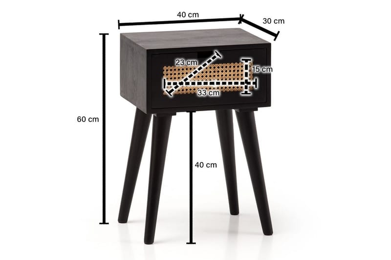 Sängbord Wohnling Massivt mangoträ med 1 låda med wienerflätverk i modern stil Svart - Svart - Möbler - Sovrum - Sängbord