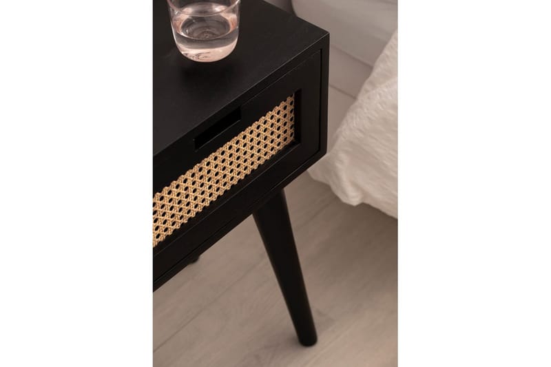 Sängbord Wohnling Massivt mangoträ med 1 låda med wienerflätverk i modern stil Svart - Svart - Möbler - Sovrum - Sängbord