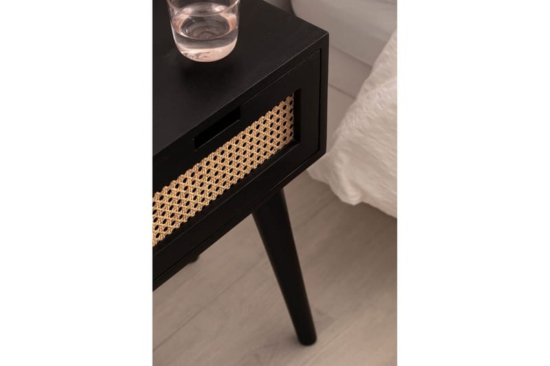 Sängbord Wohnling Massivt mangoträ med 1 låda med wienerflätverk i modern stil Svart - Svart - Möbler - Sovrum - Sängbord