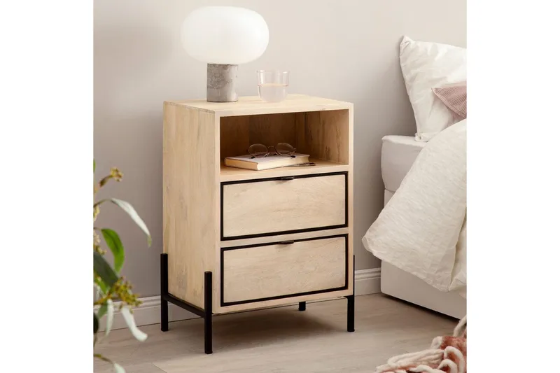 Sängbord Wohnling Massivt Mangoträ med 2 Lådor Ett Förvaringsfack - Möbler - Sovrum - Sängbord