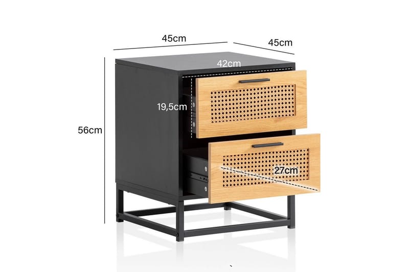 Sängbord Wohnling Massivt mangoträ med 2 lådor med Wiens flätverk i industriell stil - Möbler - Sovrum - Sängbord