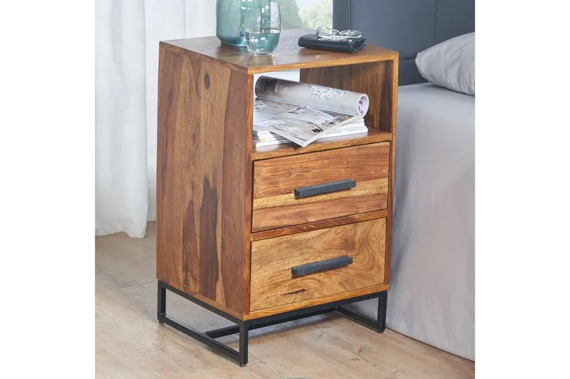 Sängbord Wohnling Massivt trä för kontinentalsängar med 2 lådor förvaringshylla lantlig stil - Möbler - Sovrum - Sängbord