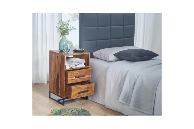 Sängbord Wohnling Massivt trä för kontinentalsängar med 2 lådor förvaringshylla lantlig stil - Möbler - Sovrum - Sängbord