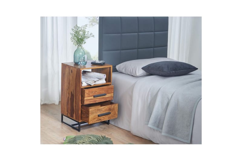 Sängbord Wohnling Massivt trä för kontinentalsängar med 2 lådor förvaringshylla lantlig stil - Möbler - Sovrum - Sängbord