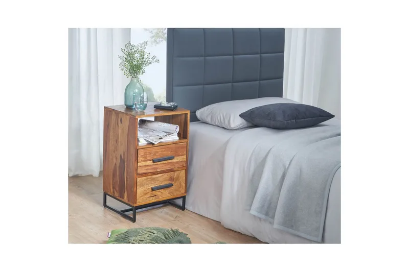 Sängbord Wohnling Massivt trä för kontinentalsängar med 2 lådor förvaringshylla lantlig stil - Möbler - Sovrum - Sängbord