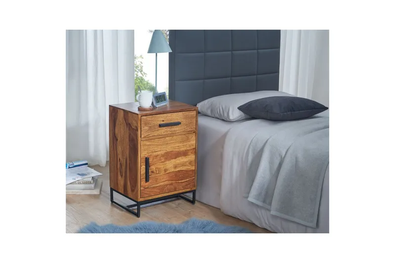 Sängbord Wohnling Massivt trä för kontinentalsängar med 3 lådor 1 dörr lantlig stil - Möbler - Sovrum - Sängbord