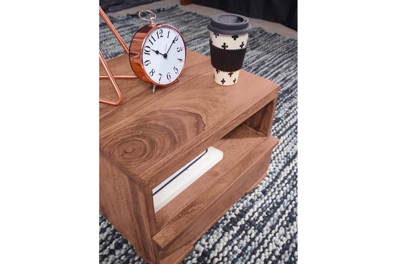 Sängbord Wohnling Massivt trä med låda och hylla i låg design i lantlig stil Akacia - Akacia - Möbler - Sovrum - Sängbord