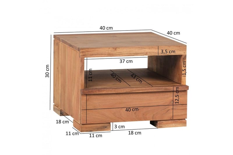 Sängbord Wohnling Massivt trä med låda och hylla i låg design i lantlig stil Akacia - Akacia - Möbler - Sovrum - Sängbord