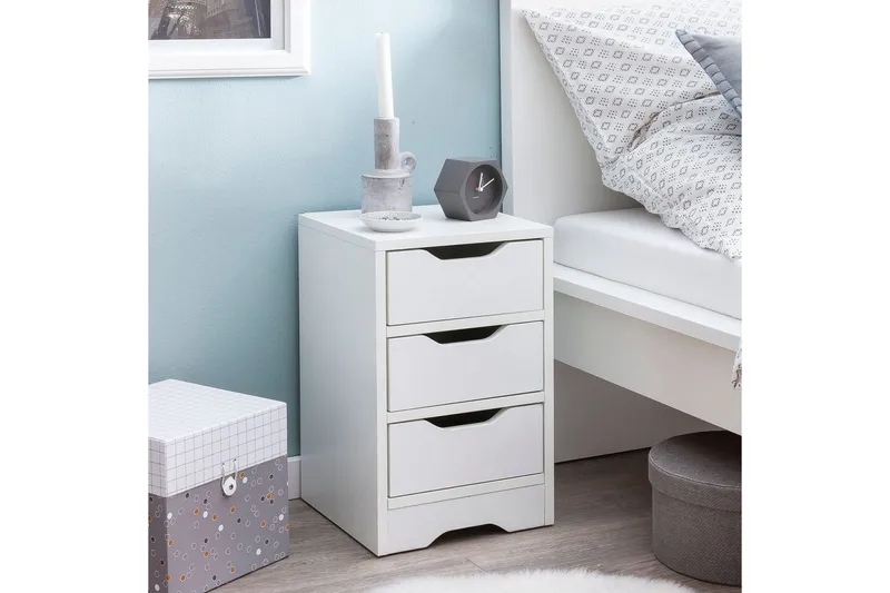 Sängbord Wohnling med 3 lådor i en enkel, modern design för boxspring-säng Vit - Vit - Möbler - Sovrum - Sängbord