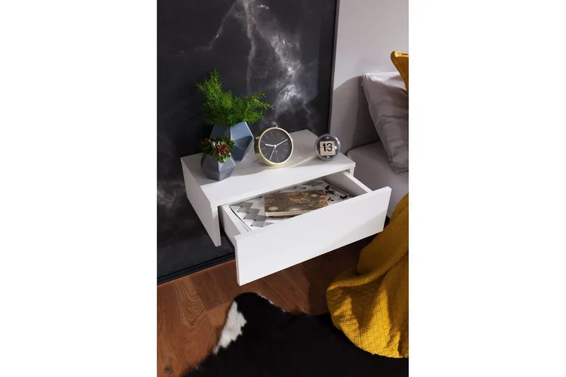 Sängbord Wohnling med låda för väggmontering, svävande utseende Vit - Vit - Möbler - Sovrum - Sängbord