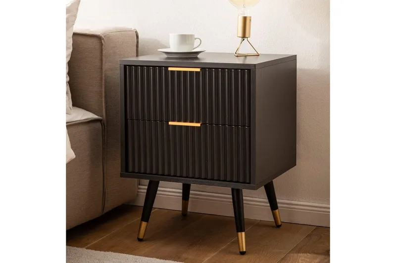Sängbord Wohnling Modern look med 2 lådor tillverkade av spånskiva med ek-effekt glansiga höjdpunkter - Möbler - Sovrum - Sängbord