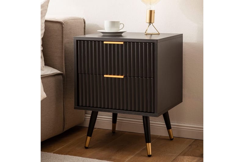 Sängbord Wohnling Modern look med 2 lådor tillverkade av spånskiva med ek-effekt glansiga höjdpunkter - Möbler - Sovrum - Sängbord