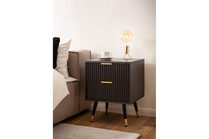 Sängbord Wohnling Modern look med 2 lådor tillverkade av spånskiva med ek-effekt glansiga höjdpunkter - Möbler - Sovrum - Sängbord