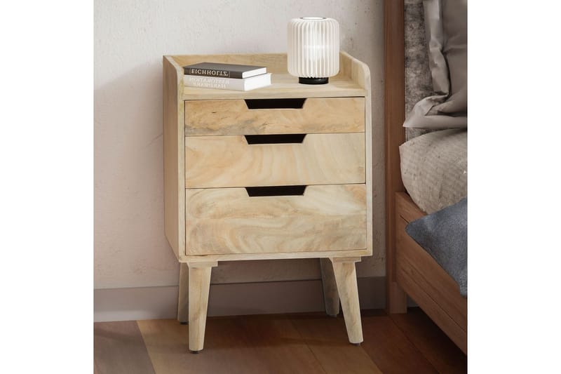 Sängbord Wohnling Modern look med 3 lådor tillverkade av massivt mangoträ en förvaringshylla - Möbler - Sovrum - Sängbord