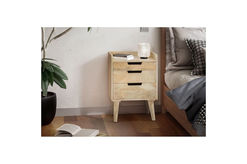 Sängbord Wohnling Modern look med 3 lådor tillverkade av massivt mangoträ en förvaringshylla - Möbler - Sovrum - Sängbord