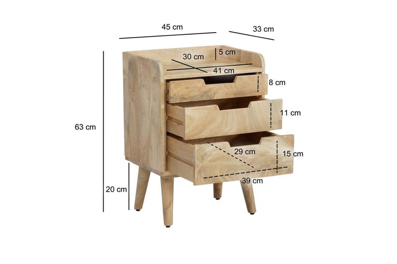 Sängbord Wohnling Modern look med 3 lådor tillverkade av massivt mangoträ en förvaringshylla - Möbler - Sovrum - Sängbord