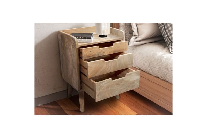 Sängbord Wohnling Modern look med 3 lådor tillverkade av massivt mangoträ en förvaringshylla - Möbler - Sovrum - Sängbord