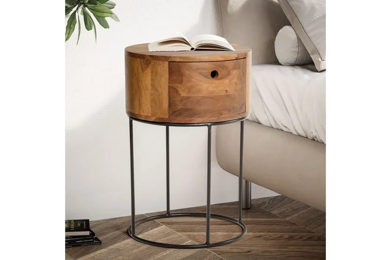 Sängbord Wohnling rund, massivt trä med 1 låda i modern stil mörkbrun - mörkbrun - Möbler - Sovrum - Sängbord