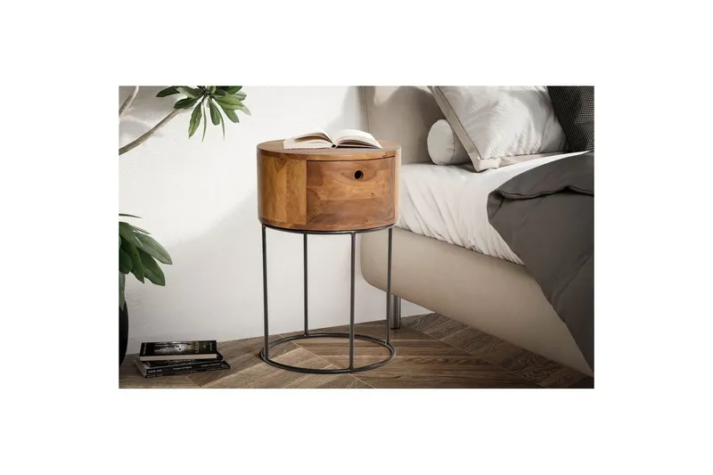 Sängbord Wohnling rund, massivt trä med 1 låda i modern stil mörkbrun - mörkbrun - Möbler - Sovrum - Sängbord