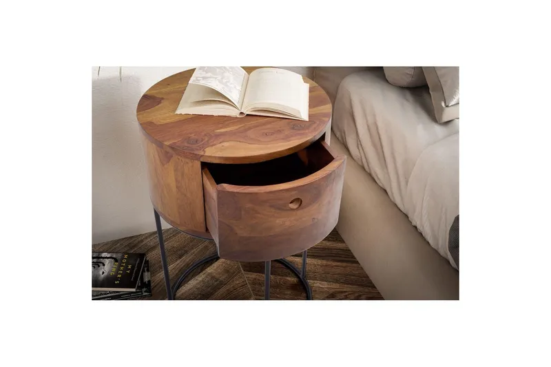 Sängbord Wohnling rund, massivt trä med 1 låda i modern stil mörkbrun - mörkbrun - Möbler - Sovrum - Sängbord