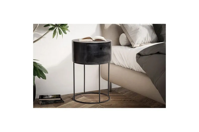Sängbord Wohnling rund, massivt trä med 1 låda i modern stil Svart - Svart - Möbler - Sovrum - Sängbord