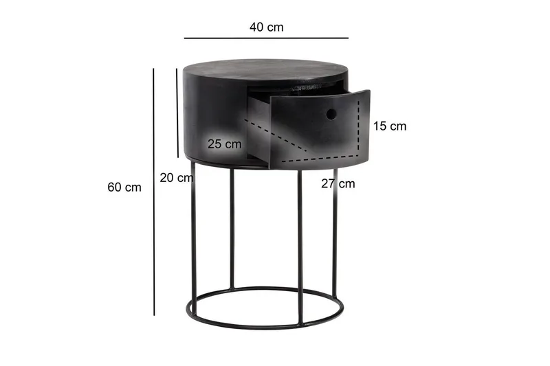 Sängbord Wohnling rund, massivt trä med 1 låda i modern stil Svart - Svart - Möbler - Sovrum - Sängbord