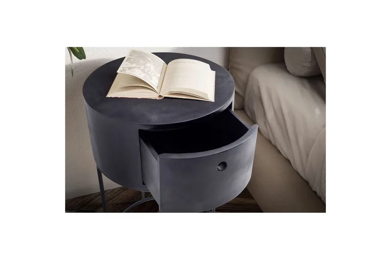 Sängbord Wohnling rund, massivt trä med 1 låda i modern stil Svart - Svart - Möbler - Sovrum - Sängbord