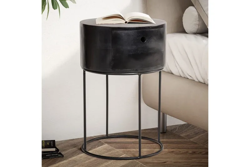 Sängbord Wohnling rund, massivt trä med 1 låda i modern stil Svart - Svart - Möbler - Sovrum - Sängbord
