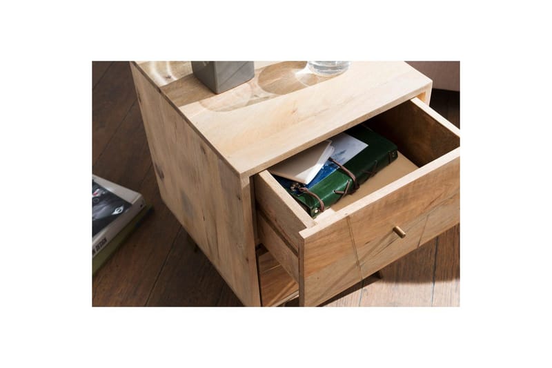 Sängbord Wohnling SIKAR massivt mangoträ för boxfjädersäng metallinlägg 2 lådor - Möbler - Sovrum - Sängbord