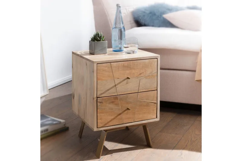 Sängbord Wohnling SIKAR massivt mangoträ för boxfjädersäng metallinlägg 2 lådor - Möbler - Sovrum - Sängbord