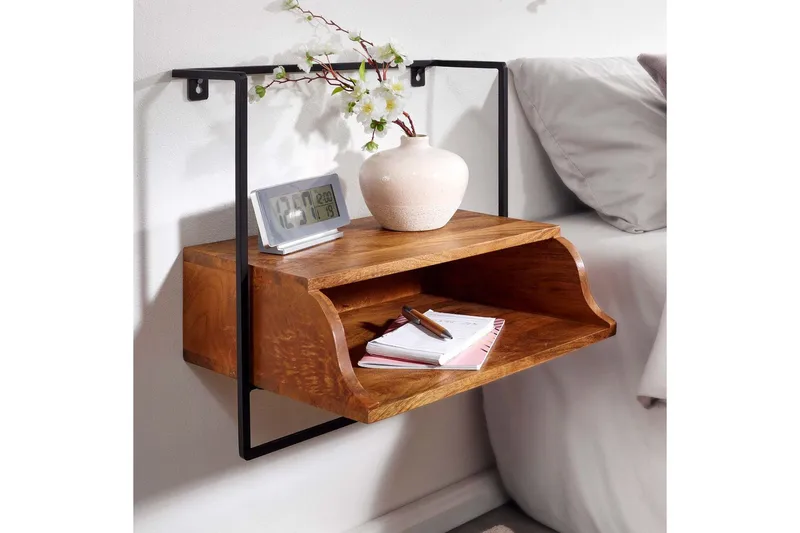 Sängbord Wohnling Väggmonterad konsol av massivt mangoträ med hylla, industriell - Möbler - Sovrum - Sängbord