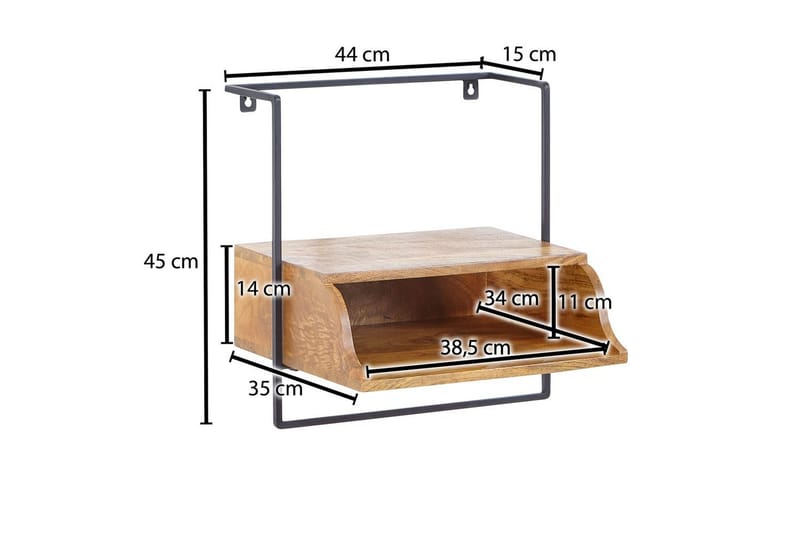 Sängbord Wohnling Väggmonterad konsol av massivt mangoträ med hylla, industriell - Möbler - Sovrum - Sängbord